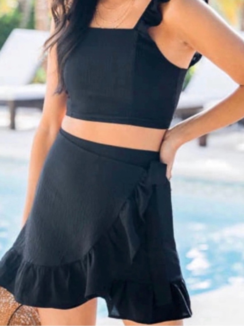NWOT Pink Lily Black Ruffle Tie-Waist Wrap Mini Skirt and Top Set
